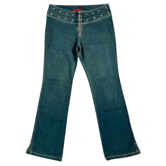 Jane Doe Women Blue Mid Rise Grommets Bootcut Side Slits Denim Jeans Jr 78 EUC - Picture 1 of 11